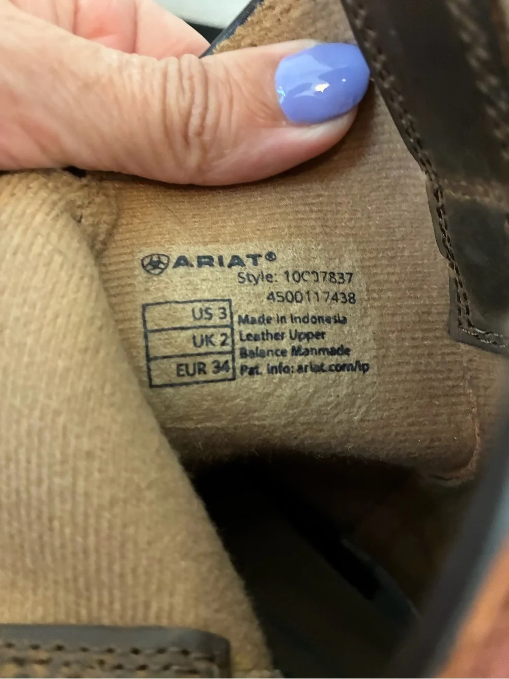 Ariat Brown Leather Boot Interior Label with Tan Lining